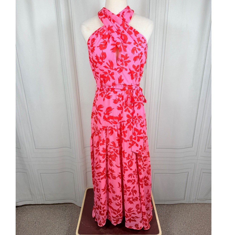 Taylor NWT Floral Crisscross Halter Maxi Dress Pink Red Keyhole Tiered Size 4